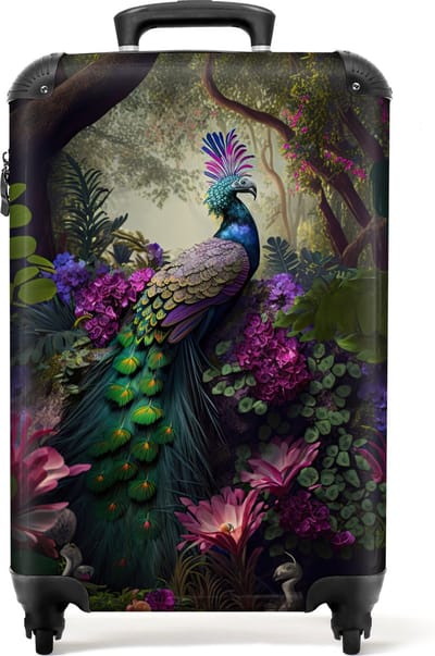 NoBoringSuitcases.com - Reiskoffer - Pauw - Bloemen - Roze - Jungle - Natuur - TSA slot - Handbagage koffer - Koffer - Past binnen 55x40x20 cm en 55x35x25 cm - Trolley op wieltjes - Fotokoffer - Hardcase koffer - Lichtgewicht - Kofferslot