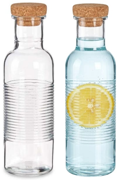 Pasabahce Waterfles met kurken dop - 2x -1070 ml - ribbel glas - D8 x H29 cm - Glazen drink flessen