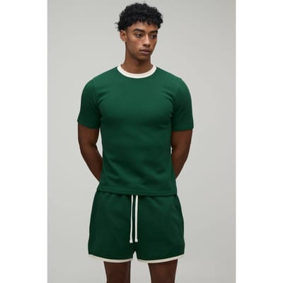 Slim Boxy Waffle Ringer T-Shirt & Racer Shorts Set | Forest | Size XS