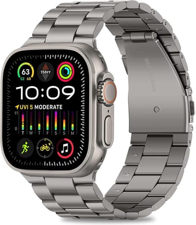 Stravo Titanium Schakelbandje voor Apple Watch – Metalen Horlogebandje – Geschikt voor Apple Watch 49mm (Ultra 1/2/3), 46mm (Series 10/11), 45mm (Series 7/8/9), 44mm (Series 4/5/6, SE 1/2/3) – Titanium