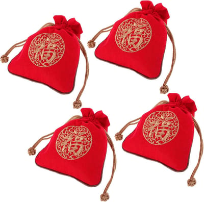 Katoenen Tasjes - Sieradenopslag - Feestelijke Decoratie - Chinees Geluk Borduursel - 15 x 11.5 cm - Rood