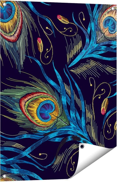 Gards Tuinposter Getekende Pauw Veren Achtergrond - 60x80 cm - Tuindoek - Tuindecoratie - Wanddecoratie buiten - Tuinschilderij