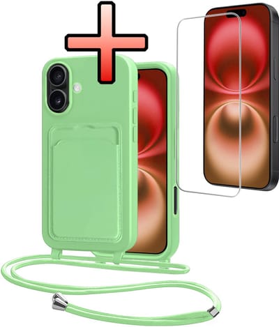 Hoes Geschikt voor iPhone 16 Plus Hoesje Pasjeshouder Cover Met Koord Case Siliconen Hoes Met Telefoonkoord en Kaarthouder Met Screenprotector - Groen