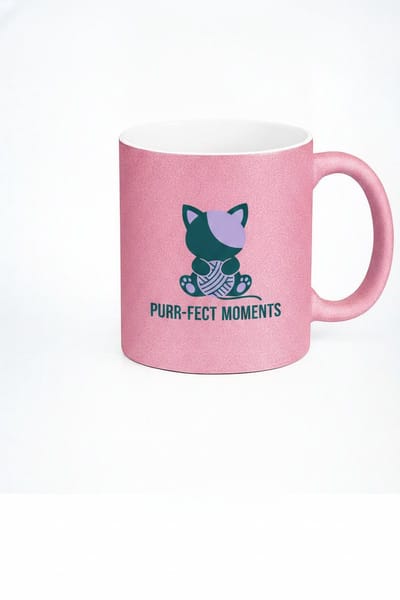 Kattenmok 'Purr-fect Moments' Kat met Wolbol – Glitter Mok Roze – Cadeau Kattenliefhebber – Keramiek 330 ml