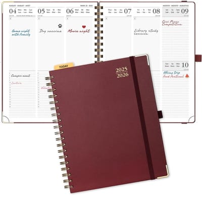 Famanu – Weekplanner 2025–2026 25,5 x 21,5 cm verticaal met 17 maanden overzicht en bordeauxrode harde kaft