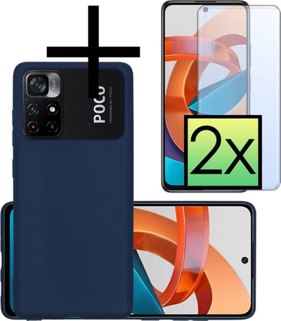 Hoesje - Met 2x Screenprotector - Geschikt voor Xiaomi Poco M4 Pro 5G - Sterk & Shockproof - Back Cover - Siliconen Case - Telefoon Hoes - Donkerblauw