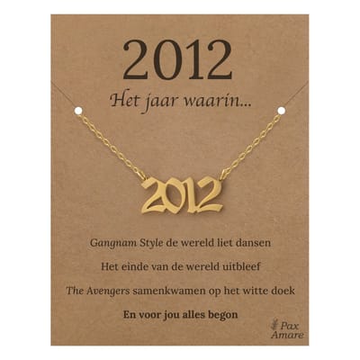 Jaartal 2012 Ketting op Cadeau Kaartje - Goudkleurig Stainless Steel - 45cm - Met informatie over geboortejaar - Pax Amare