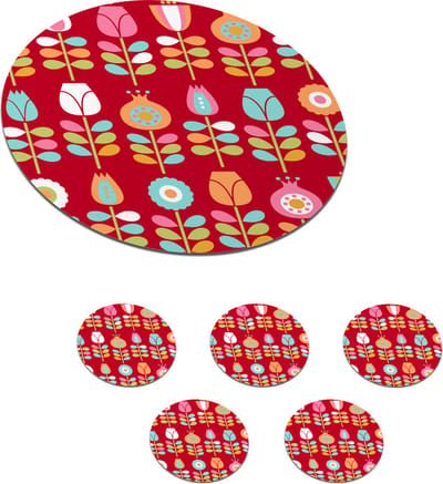 Onderzetters voor glazen - Rond - Patronen - Bloemen - Retro - Rood - 10x10 cm - Glasonderzetters - 6 stuks