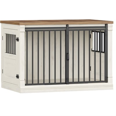 Hondenbench Meubel – Voor Kleine & Middelgrote Honden – 101 cm Houten Hondenbox met 3 Deuren, Indoor Kennel en Bijzettafel – Wit/Bruin