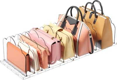 Famanu - 2 Stuks Verstelbare Doorzichtige Plankenverdelers, Plastic Tassen Organizer, Handtas Opberg Organizer, Uitschuifbaar Schap voor Kast, Garderobe, Slaapkamer, Doorzichtig