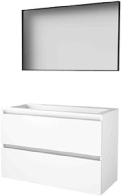 Basic-Line Framed 46 Badkamermeubelset - 100 x 46 cm - Greeploos - 2 Lades - Acryl Wastafel - 2 Kraangaten - Spiegel met Zwart Aluminium Frame - Ice White