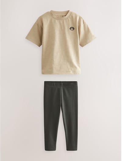 Next - Jongens - T-shirt van 100% katoen met korte mouwen en legging - Bruin