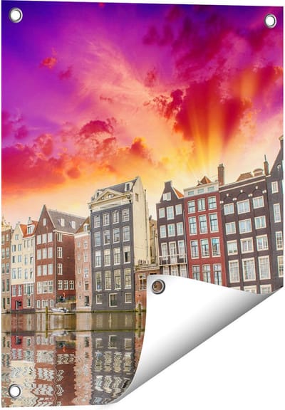 Gards Tuinposter Amsterdamse Huisjes bij het Kanaal - Kleur - 40x50 cm - Tuindoek - Tuindecoratie - Wanddecoratie buiten - Tuinschilderij