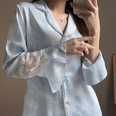Pyjama ample en dentelle française pour femme, nouveau, confortable, doux, manches longues, pantalon, ensemble pyjama XL