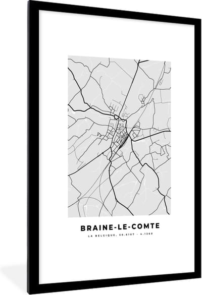 Fotolijst incl. Poster Zwart Wit- België – Braine le Comte – Stadskaart – Kaart – Zwart Wit – Plattegrond - 80x120 cm - Posterlijst