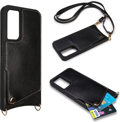 Casemania Hoesje Geschikt voor Samsung Galaxy A14 - Back Cover met Draagkoord - Pasjeshouder Hoes met Bandje - Crossbody Telefoonhoesje - Lanyard Case - Zwart
