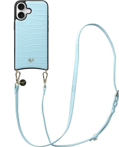 AVY Leren Hoesje Geschikt voor Apple iPhone 17 | Compatibel met MagSafe | Leather Case met Telefoonkoord | Crossbody | Croco Blauw | Long Leather