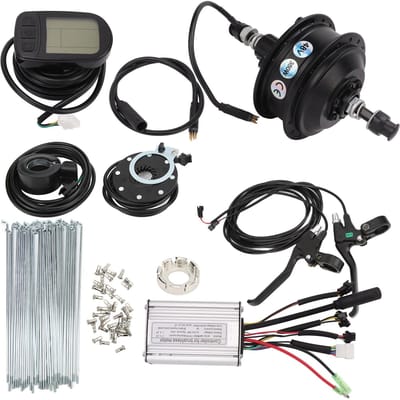 Kit Moteur Arrière 350W 48V pour Vélo Électrique avec Contrôleur Compteur LCD5 Manette Capteur d'Assistance Poignée de Frein For 26in Rim Spokes black