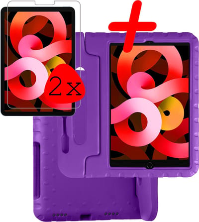 Hoesje Geschikt voor Apple iPad Air 5 (2022) - 10.9 inch - 5e Generatie - M1 - Met 2x Screenprotector - Kinderhoes Shockproof Bumper - Kidsproof Case - Tablet Hoes - Kinder Hoes Cover - Paars