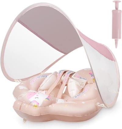 Opblaasbare zwemvlotter voor baby's - Baby Zwemring met Verwijderbaar Zonnekapje - zwemband - zwemtrainer - voor leeftijd 3-12 maanden - babyfloat - S - roze