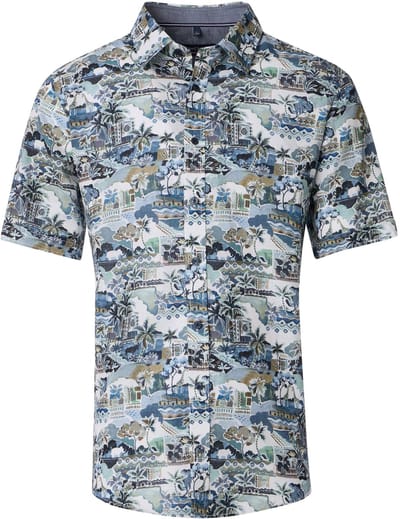 CASA MODA Sport casual fit overhemd - korte mouw - chambray - wit met groen - blauw en beige dessin - Strijkvriendelijk - Boordmaat: 53 - 54