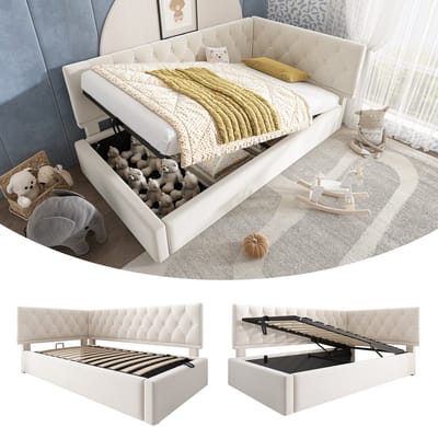 Gestoffeerd slaapbank 90x190cm, slaapbank met hydraulische opbergruimte, kinderbed, jeugdbed, bedframe met lattenbodem van hout, fluweel, beige, zonder matras.
