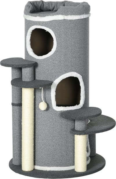 Katzen Kratztonne - 99 cm - Spieltonne mit Katzenbett, Spielball & Plattformen - Katzenmöbel - Grau
