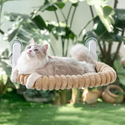 Famanu – Katten Vensterhangmat Opvouwbaar Voor Vensterscheiben Met 4 Zuignappen Wendebare Hoes Vensterbank Bis zu 18kg Katze 54x30cm (Licht Camel - M)