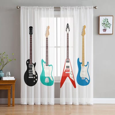 Gitaar Bas Jazz Muziek Klassiek Wit Transparante Gordijnen voor Woonkamer Decoratie Raamgordijnen Keuken Tule Voile Gordijnen W135 x H115cm x1 white