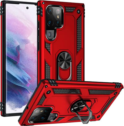 Anti-Shock Hybrid Ring Armor Hoesje Geschikt voor: Samsung Galaxy S22 Ultra - rood