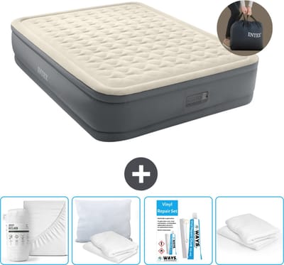 Intex Luchtbed - 2-Persoons - 152 x 203 x 46 cm - Grijs - Inclusief pomp - Hoeslaken - Kussen - Reparatieset en Kussenbeschermer