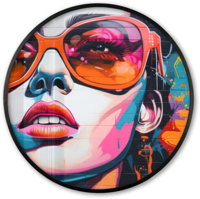 Poster in lijst Rond - Fotolijst 60x60 cm - Posters - Vrouw - Bril - Kleuren - Graffiti - Ronde posterlijst zwart - Decoratie - Wanddecoratie woonkamer - Muurdecoratie slaapkamer