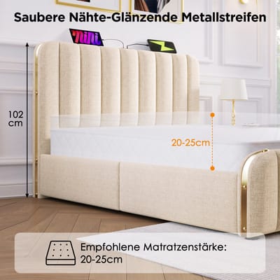 Tweepersoonsbed 180x200 cm - Hoofdbord met USB-C en Hydraulische Opbergruimte - Linnen - Beige - Zonder Matras