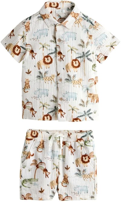 Next - Jongens - Set van shirt met korte mouwen van dubbele stof en short - Crème