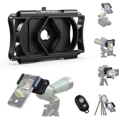 Adaptateur de téléphone pour télescope APEXEL APL-F002X Support de téléphone rotatif à 360 degrés pour support de téléphone pour télescope with Remote Shutter noir