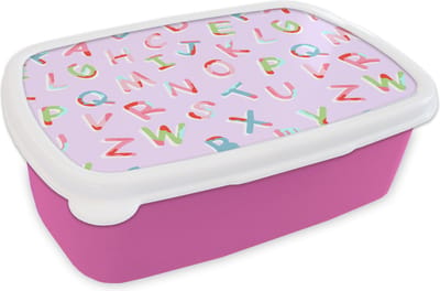 Broodtrommel Roze - Lunchbox - Brooddoos - Alfabet - Letters - Patroon - 18x12x6 cm - Kinderen - Meisje