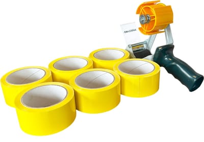 Kortpack - PP-acryl tape - Geel - 50mm x 66mtr - 6 rollen - Met dispenser - Verpakkingstape - Low noise tape - (020.0817)