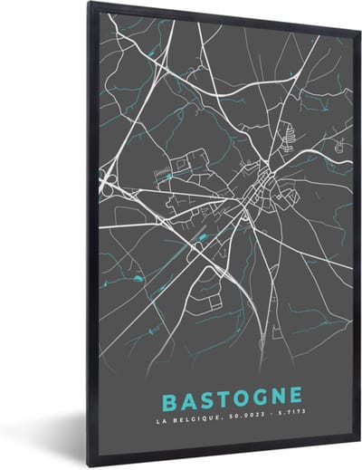 Fotolijst incl. Poster - Kaart – Plattegrond – Stadskaart – Bastogne – België - Grijs - 40x60 cm - Posterlijst