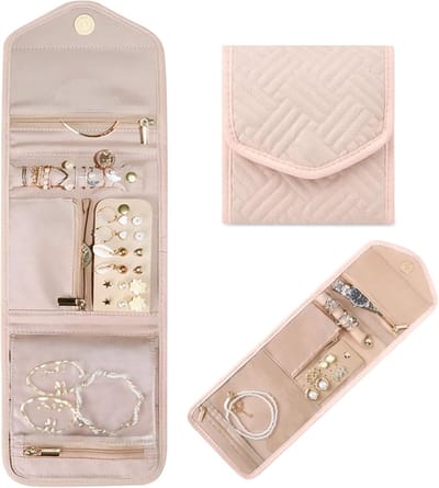 Famanu - Opvouwbare opbergtas, reissieradenorganizer, draagbare tas voor oorbellen, ringen, kettingen, armbanden, cadeaus voor vrouwen en meisjes, klein roze, S, modern