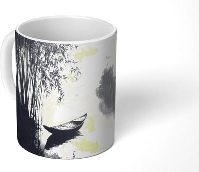 Mok - Koffiemok - Boot - Rivier - Bamboe - Wit - Mokken - 350 ML - Beker - Koffiemokken - Theemok