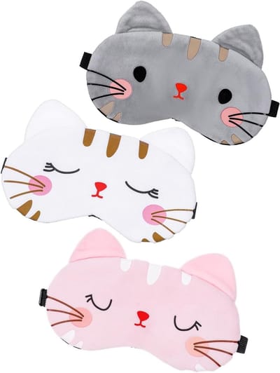3-delige Schattige Oogmasker Set voor Slaap met Cartoon Kat Gezicht - Zachte Pluche Oogbedekking, Dierlijke Slaapmaskers en Blindfold voor Vrouwen