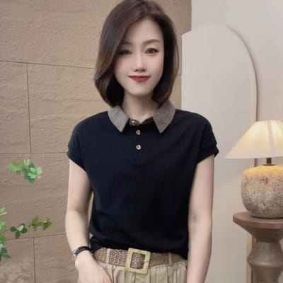 Zomerkleding voor Dames Moederkleding POLO Shirt Buik Bedekkend Top Modieus Effen Kleur Slank Casual Kraaglos Los T-shirt voor Dames 5XL zwart
