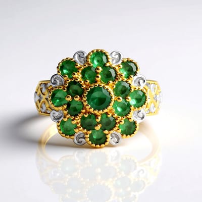 Cavill - Elegante Zilveren Ring 925 Sterling met 17 Zambia Smaragden 1,368 Ct - Luxe Bloemring - Palladium Luxueus Design