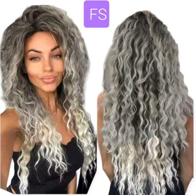Frazimashop -Luxe lang Krul Dames Pruiken -30 inch 75 cm Hitte Bestending Pruiken - lang Krullen pruik - Dames pruiken -Kleur mix grijs en wit