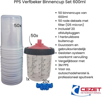 Verfbeker PPS Binnencup Set 600ml – 125 Micron – Rood – 50 Cups + Deksel + Plugs + Buitencup – Vergelijkbaar met 3M – Autoschadeherstel – Duurzaam