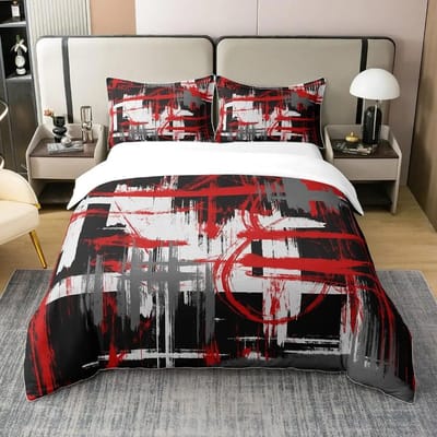 Rood Grijs Wit Geometrische Beddengoed Collectie Volledige Maat Strepen Dekbedovertrek Slaapkamer Decoratie Abstracte Dekbedovertrek Collectie Met 2 Kussenslopen EU Double 200x200cm