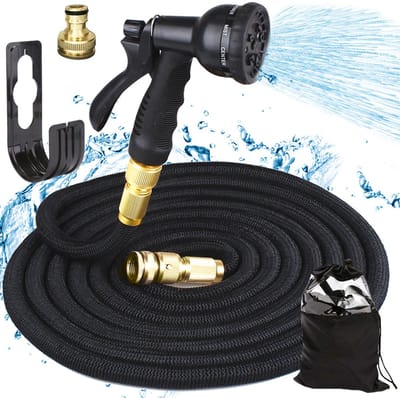 Tuinslang - tuinslang 30 meter - Tuinslang flexibel - Tuinslang uitrekbaar tot 30 meter - Tuinslang met koppelingen en sproeier - Zwart - Premium