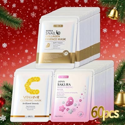 Gezichtsmaskers verzorging-Gezichtmasker-Drie Soorten Maskerset van 60 stuks (Kersenbloesem, Slak, Vitamine C) de Textuur is Licht-Snel Absorberend om de Huid te Hydrateren- Mild en Niet Irriterend- Geschikt voor Dag- En Nachtgebruik- Huidverzorging.