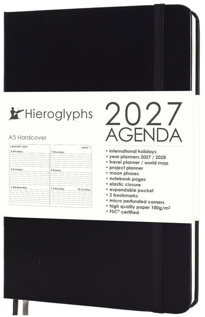 Hieroglyphs Agenda 2027 A5 - 1 Week op 2 pagina's - Harde Kaft - Elastiek - Opbergvak - 2 Bladwijzers - Weekagenda Jaaragenda Volwassenen - Zwart