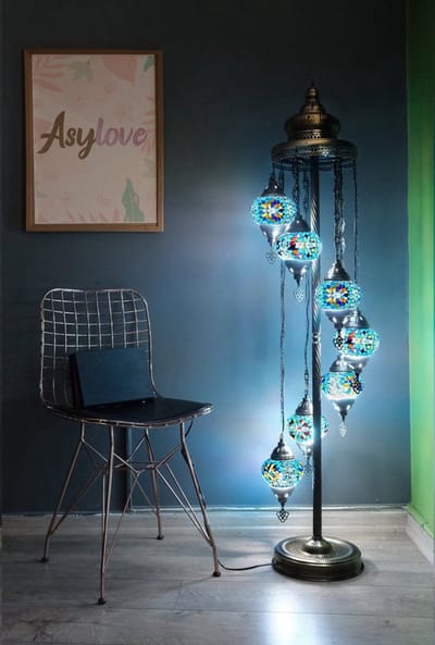 Handmade Turkse lamp - vloerlamp met 7 bollen - mozaïek blauw - unieke decoratie voor warme sfeer
